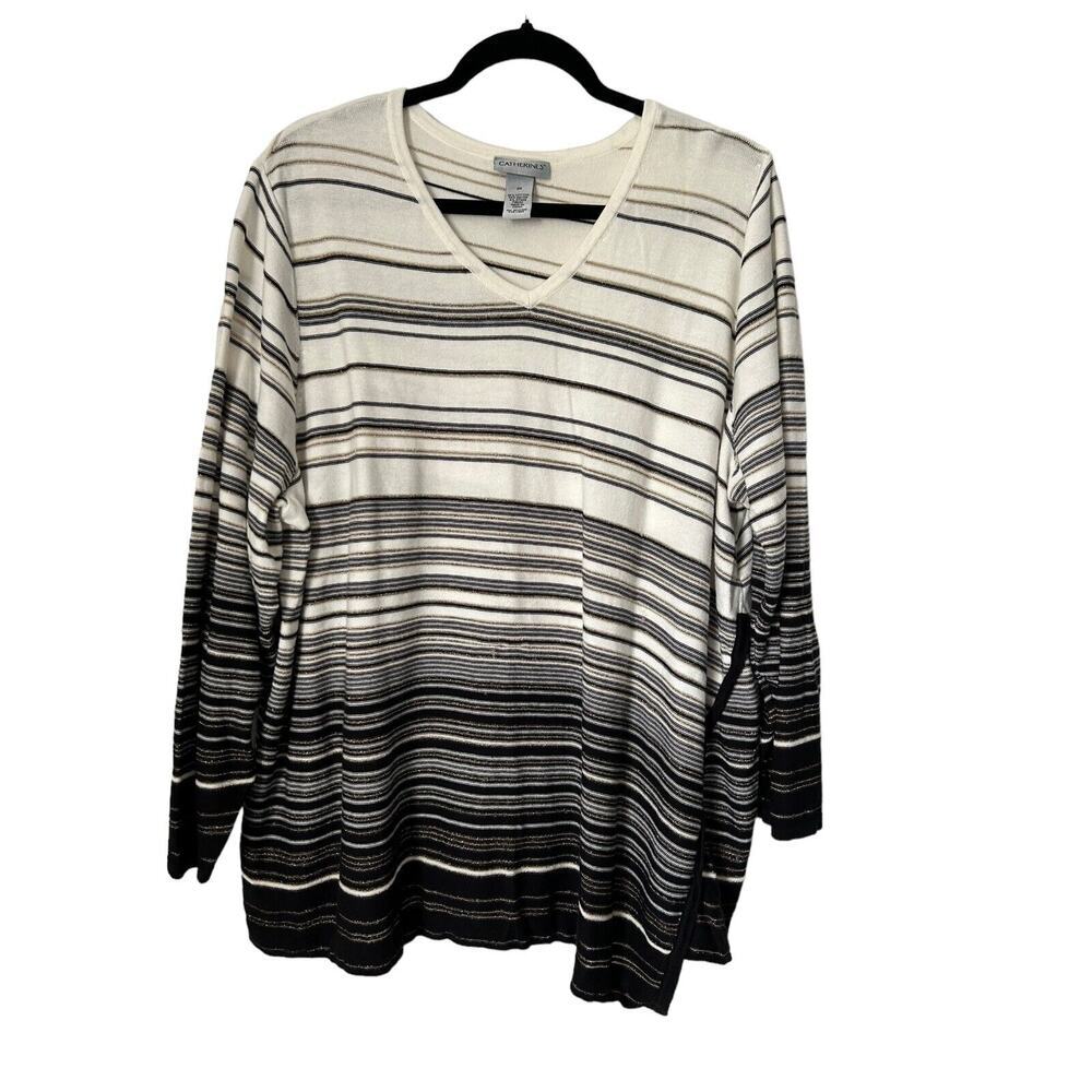 Catherines Sweater Size 3 14-16 Black Metallic Gold Striped Pullover V Neck